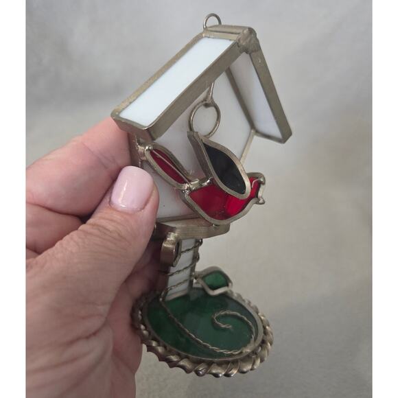 3d Stained Glass Suncatcher Bird House Red Bird Cardinal White - Picture 6 of 9